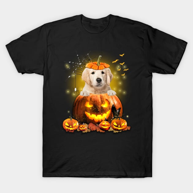 Golden Retriever Spooky Halloween Pumpkin Dog Head T-Shirt by Red and Black Floral